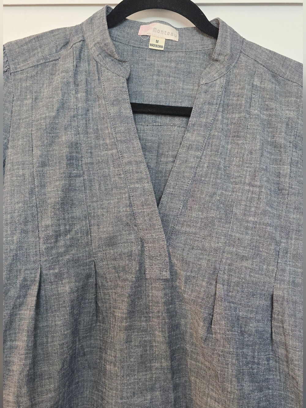 Monteau - Greyish Blue Denim Cotton V-Neck ¾-Sleeve Dress With Pockets - Picture 4 of 4